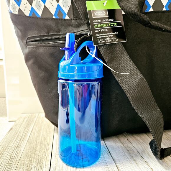 Jumbo Tote Insulated Black and Blue Zippered Shoulder Carryall Bag with Diamond - Picture 2 of 16